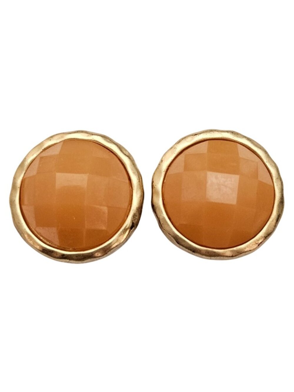 Matte Gold Tone Clip On Beach Beige Faceted Round Lucite Earrings J767